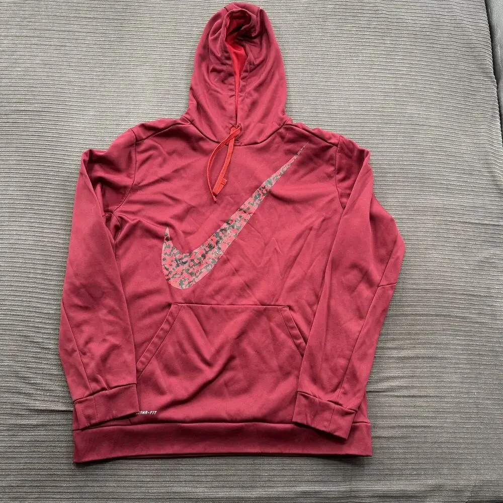 Nike Hoodie Mens XL Red Therma-Fit Pullover Sweatshirt Camo Swoosh Logo Athletic